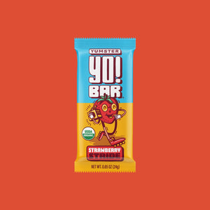 Animated strawberry character on a strawberry energy bar package, red background with text, Yo ! Bar